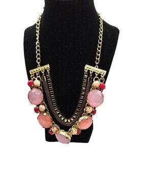 Bold Pink Coral Statement Bib Necklace Gold Tone Prong Set Faceted Stones Glam R